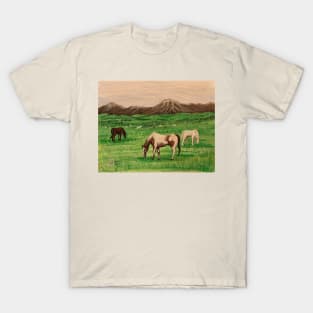 Horses grazing near the mountain range T-Shirt